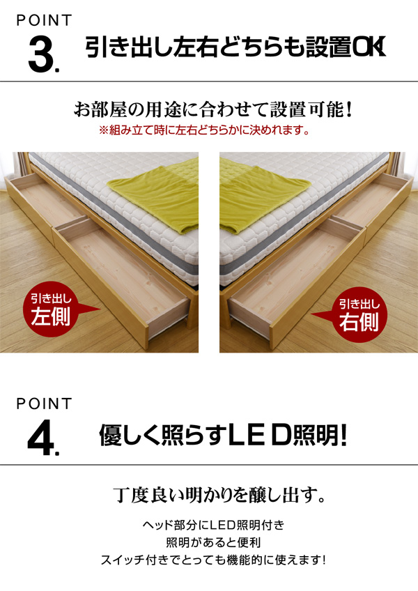 ベッド シングル セミダブル ダブル 収納付き 宮棚 LED証明 2口コンセント付き