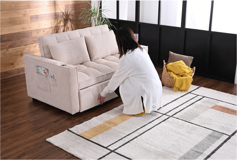 3way 2人掛けソファ カウチソファ ソファベッド Wポケット付 カップ