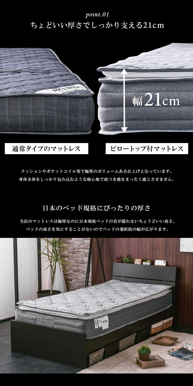 クイーンサイズ 高級 ピロートップ付き ポケットコイル