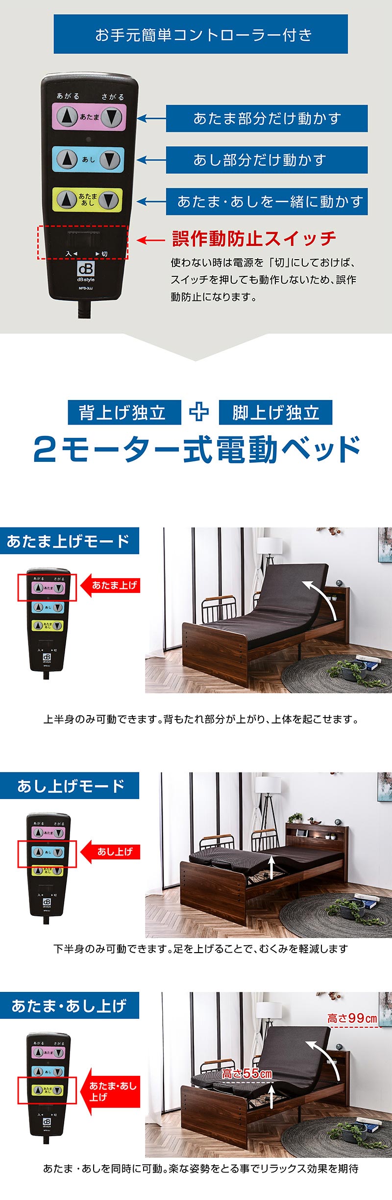 電動ベッド｜介護ベッド・リクライニング・独立稼働・宮棚・手すり