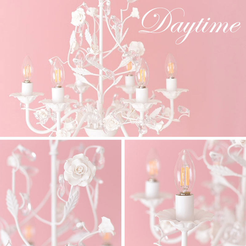 お手軽取付】LEDライト付 6灯 シャンデリア ホワイトローズ 姫系家具