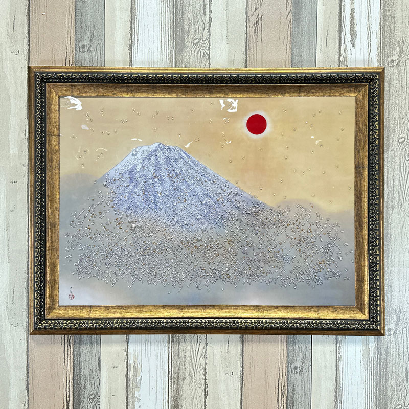 輸入雑貨　天然石　日本名画　『横山大観 霊峰不二』　水晶絵　クリスタルアート 水晶パネル アートパネル 62×82cm 名画 乾坤輝く フレーム付き