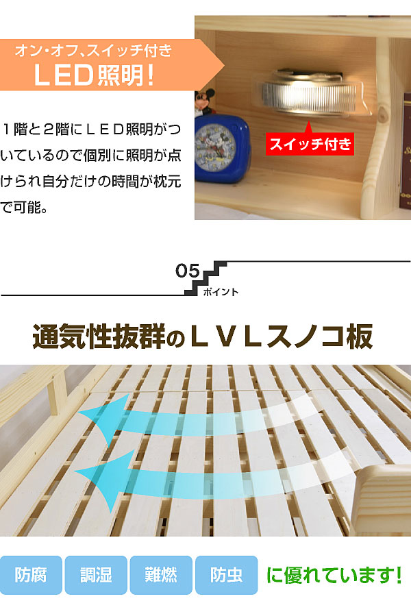 耐荷重 500kg 階段付き 二段ベッド 2段ベッド マークエックス3 宮付き LED照明